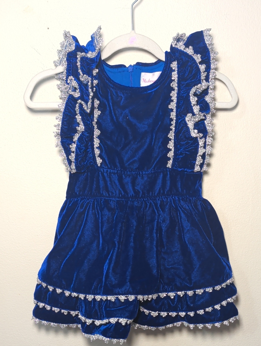 Makena Lane Blue Velvet Ruffle Dress with Silver Trim Party Festive Girls Size 2